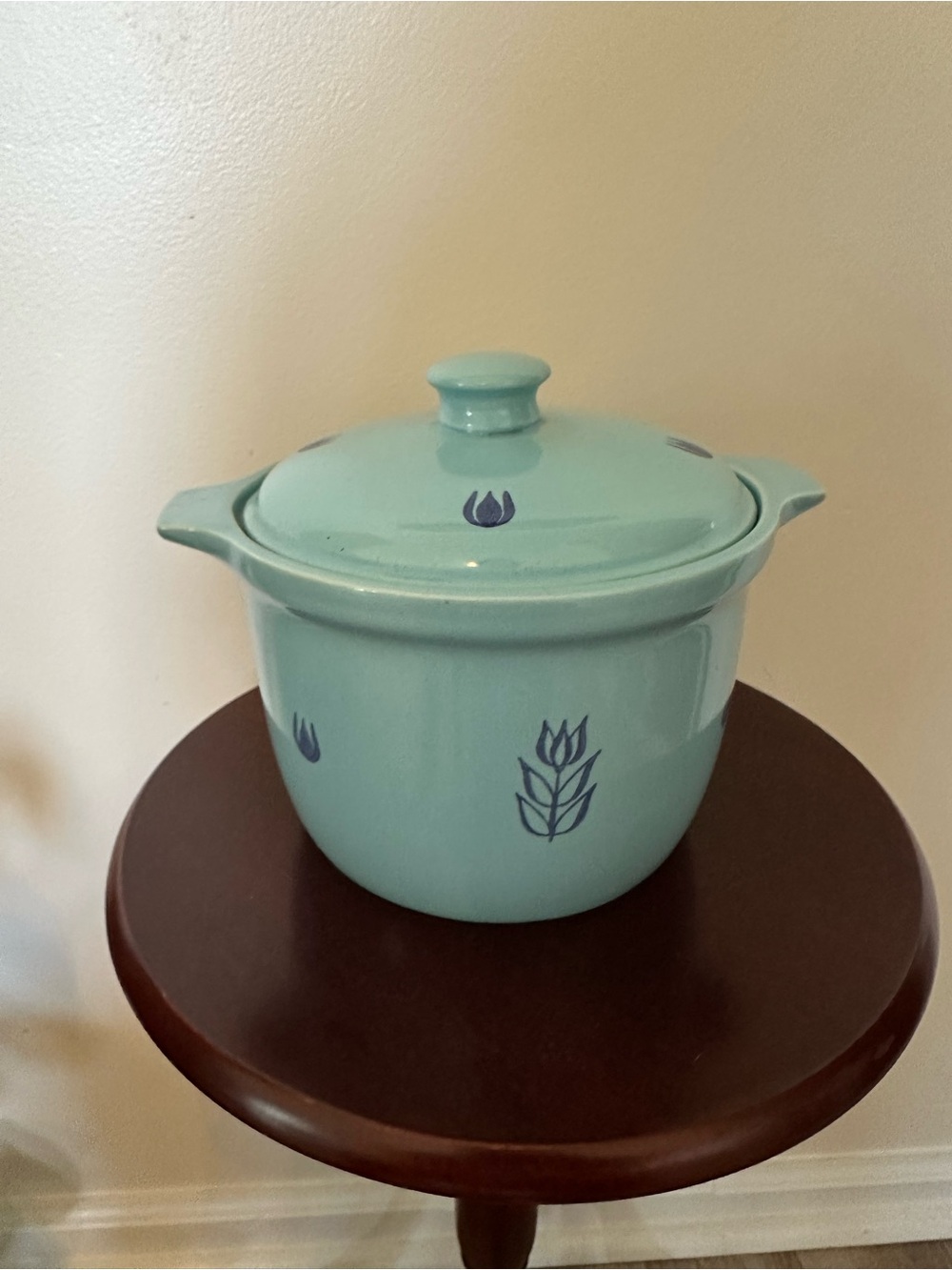 Ceramic Covered Casserole Bean Pot in Aqua with Blue Floral Motif Cronin
